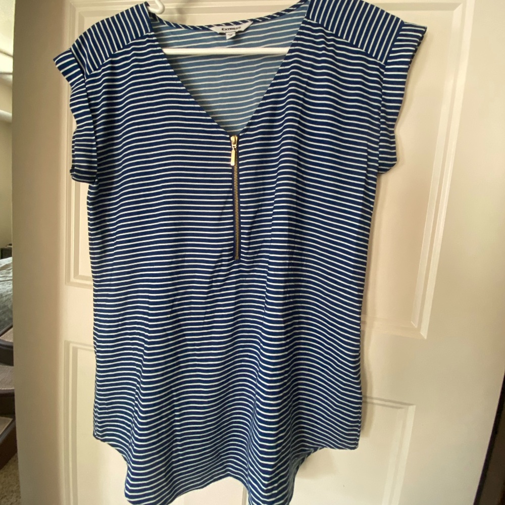 Express Women’s White and Blue Striped Silk Blouse Size Extra Small